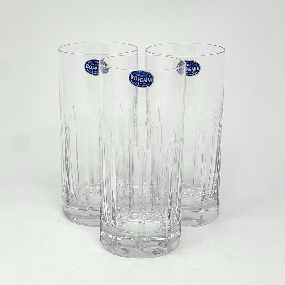 Bohemia Cut Crystal Clear Highball Glasses 5.75” Set Of 3 Original Stickers